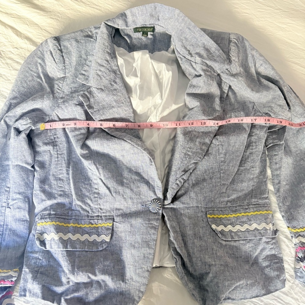 For Cynthia Women's Gray Multicolor Accents Linen/Cotton Blend Blazer - Picture 10 of 14